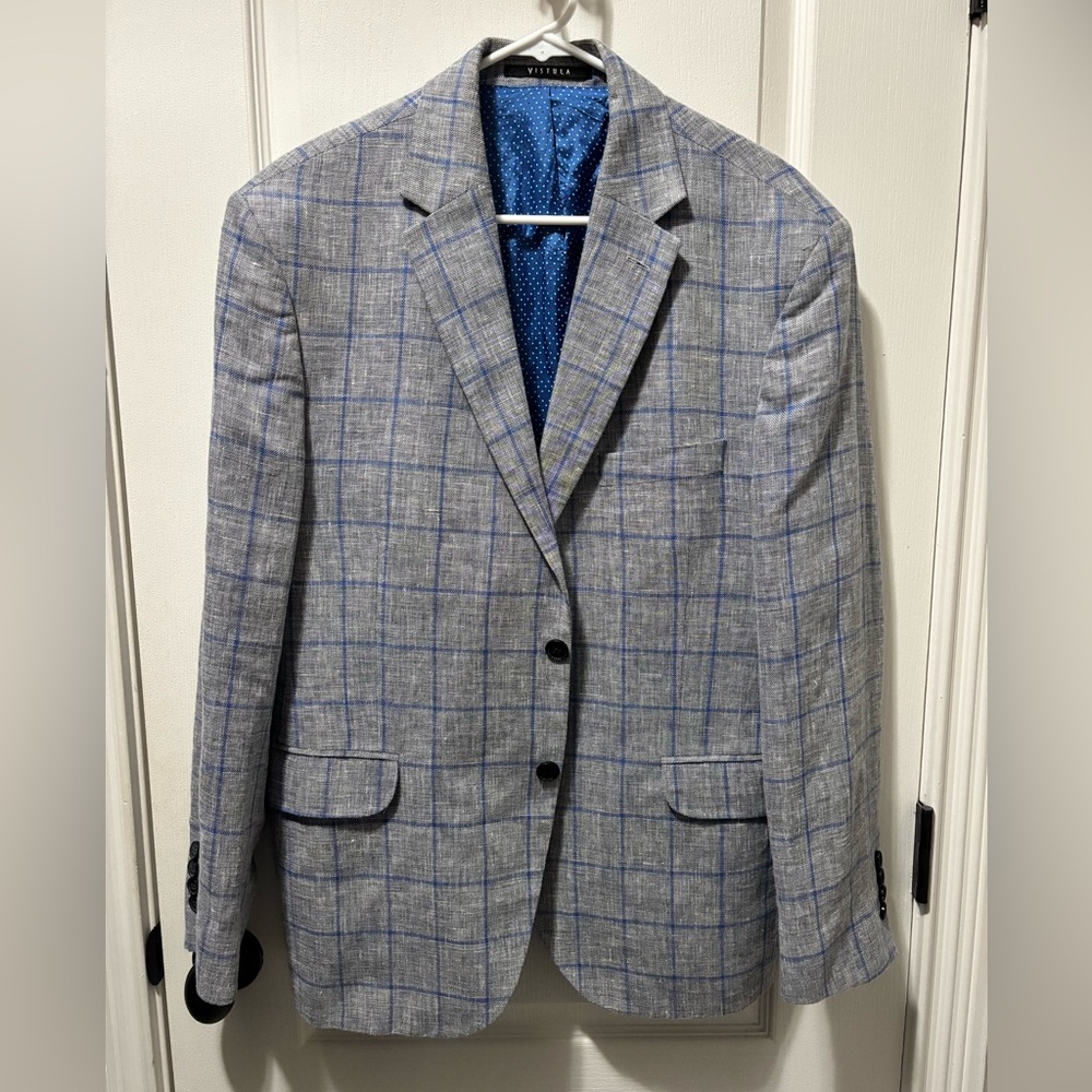 Vistula Men’s Super Slim Tailored Fit Linen Wool Blazer Gray Blue Size 56 (42R)
